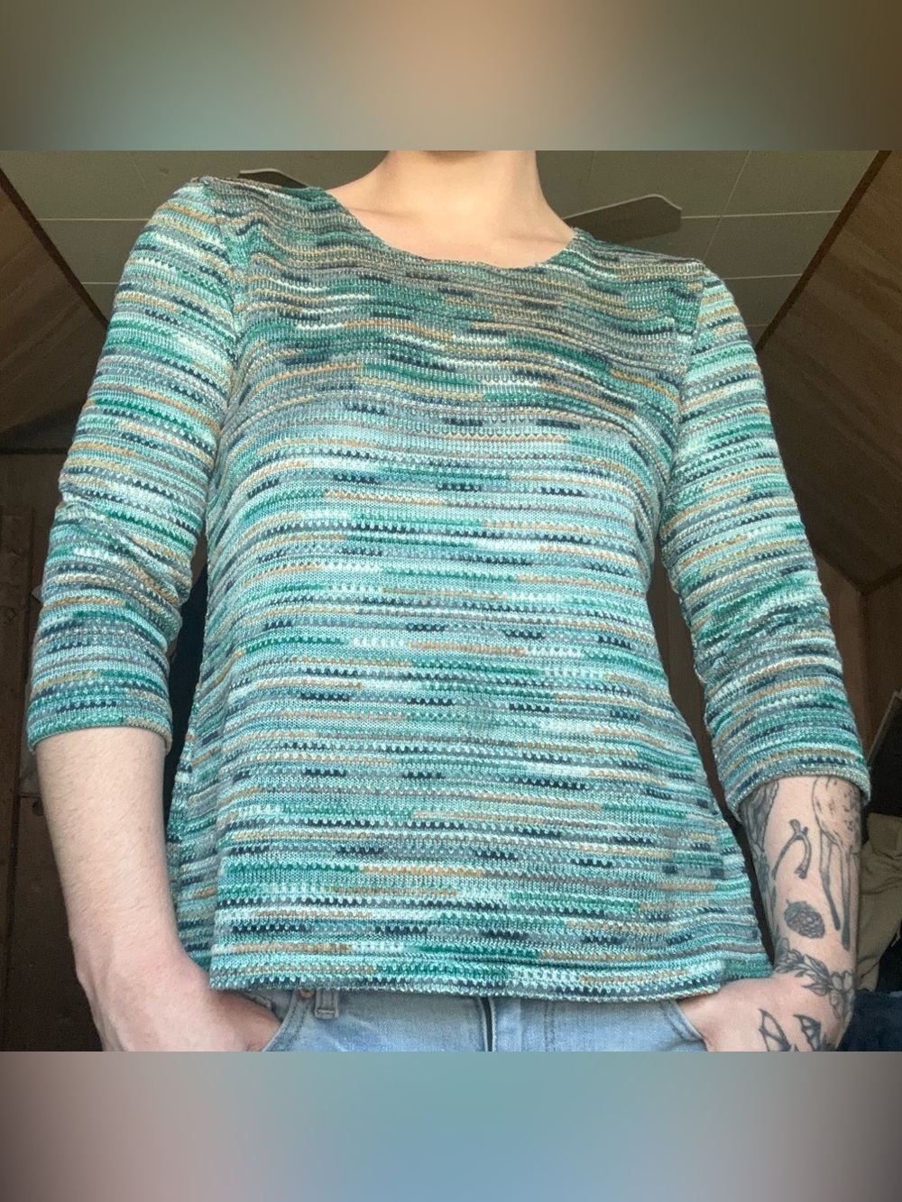 Alfred Dunner Boho Multicolor Blue Green Gold Knit 3/4 Sleeve Sweater Small